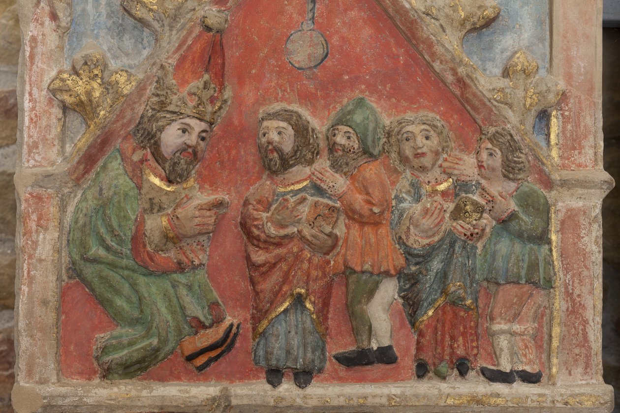Ołtarz. kamień polichromowany. Druga połowa XIV wieku. Pochodzenie dawnego kościoła parafialnego Torre de Rialb. Szczegół. Średni rejestr. Lewy panel. Górna część: Saints Iscle i Victoria z urzędnikami. autorstwa Unbekannt