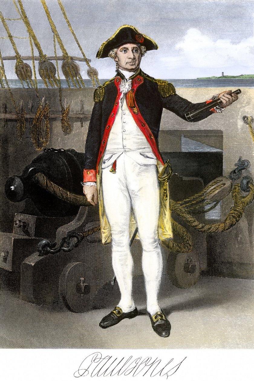 Amerykańska marynarka wojenna: John Paul Jones (1747-1791) żeglarz i bohater wojny o niepodległość Stanów Zjednoczonych Ameryki. Kolorowy grawerunek z podpisem. autorstwa Unbekannter Künstler