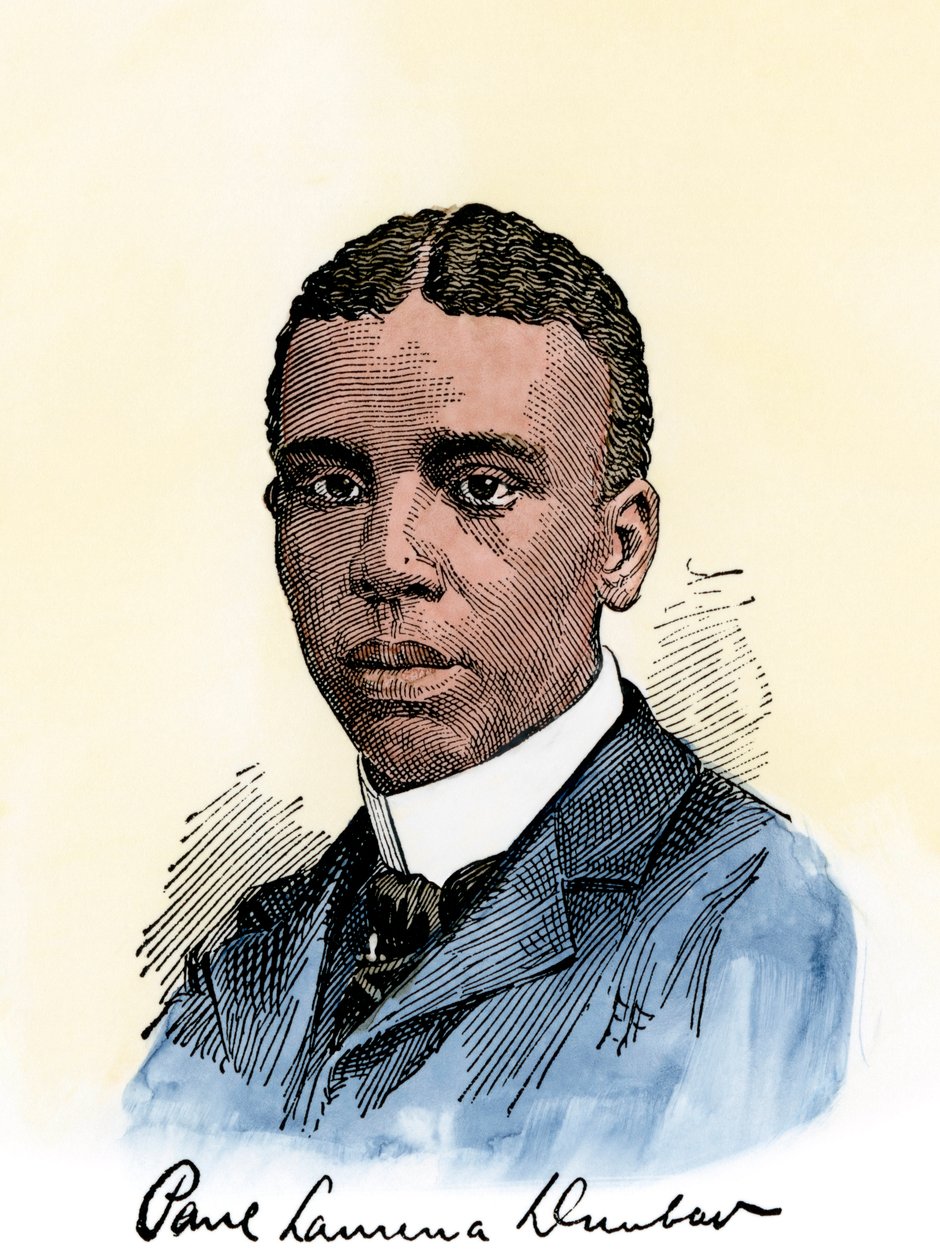 Amerykański poeta Paul Lawrence Dunbar (1872-1906) z autografem. Ręcznie kolorowany drzeworyt z XIX-wiecznej ilustracji autorstwa Unbekannter Künstler