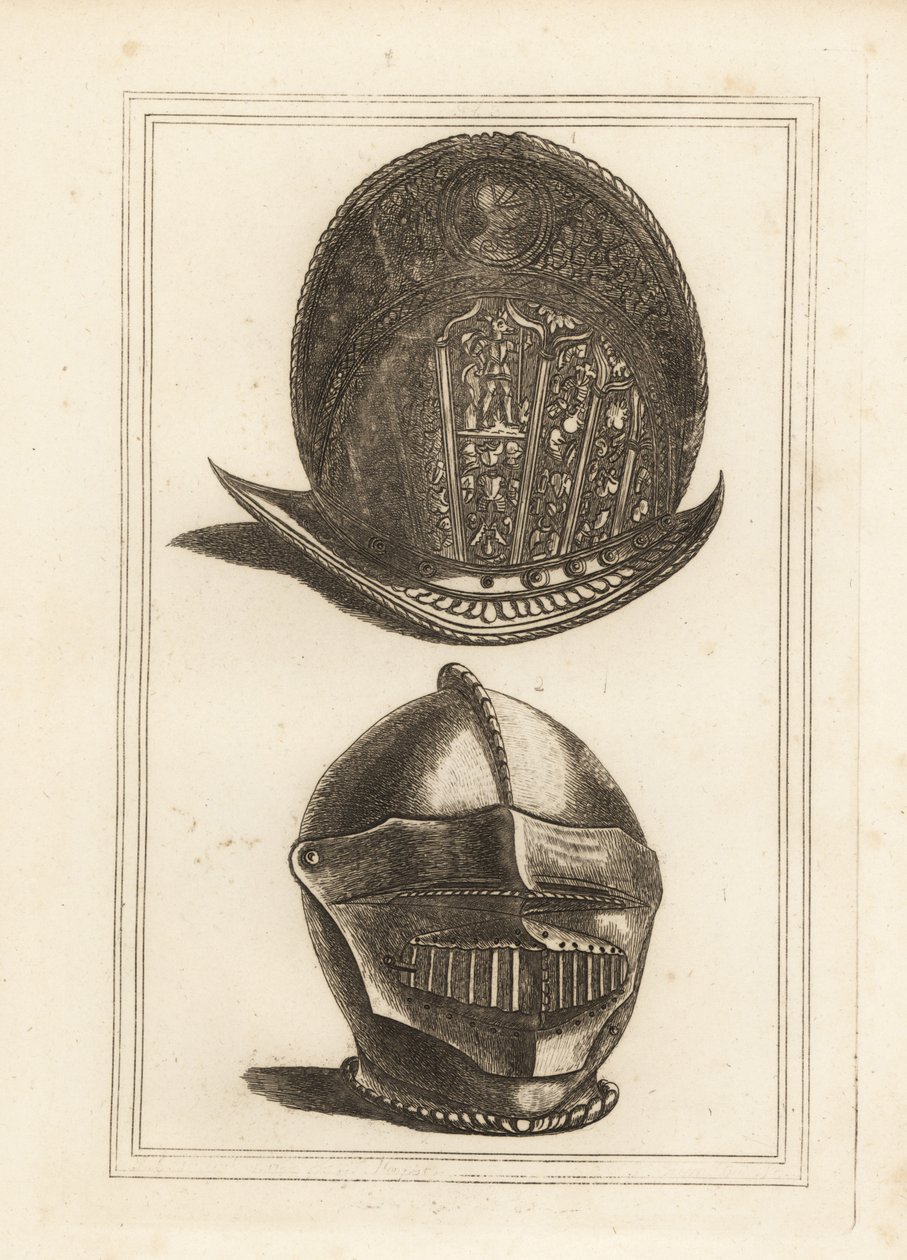 Starożytny wenecki hełm morion ozdobiony trofeami wojskowymi oraz hełm burgonetowy z ujednoliconym daszkiem i berem z Tower of London autorstwa Unbekannt