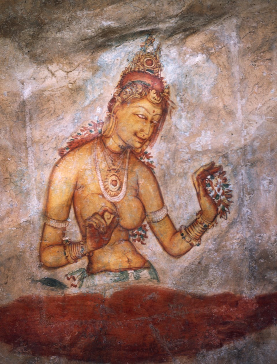 Apsaras, niebiańska nimfa oferująca kwiaty, fresk, ufortyfikowana cytadela Sigiriya (Lista Światowego Dziedzictwa UNESCO autorstwa Alec Hunter