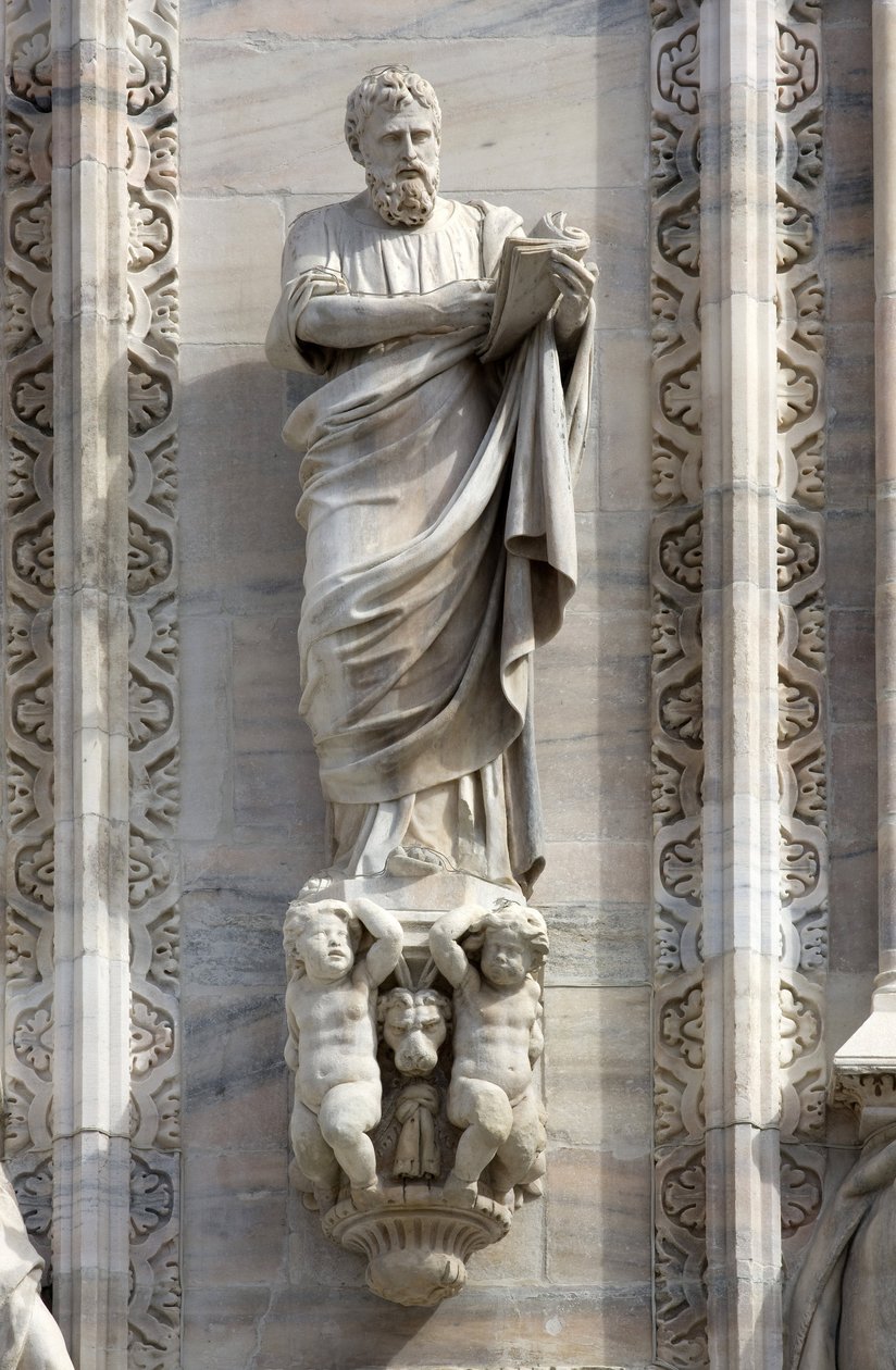 Architektura: posąg św. Marka autorstwa Donato Carabelli (1811). Detal fasady katedry (kopuła lub duomo) w Mediolanie, Włochy autorstwa Unbekannt