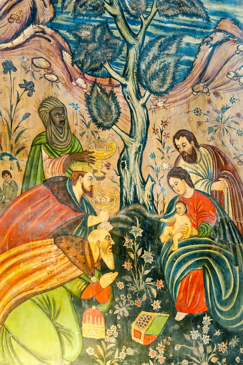 Ormiański Kościół Apostolski; Fresk; Adoracja Trzech Króli; Jezus Chrystus; Maryja i Józef; Trzej Mędrcy dają prezenty; Kościół Betlejem lub Kościół Bedkhem; dzielnica Julfa lub Jolfa; Isfahan; Iran; Azja autorstwa Unbekannt