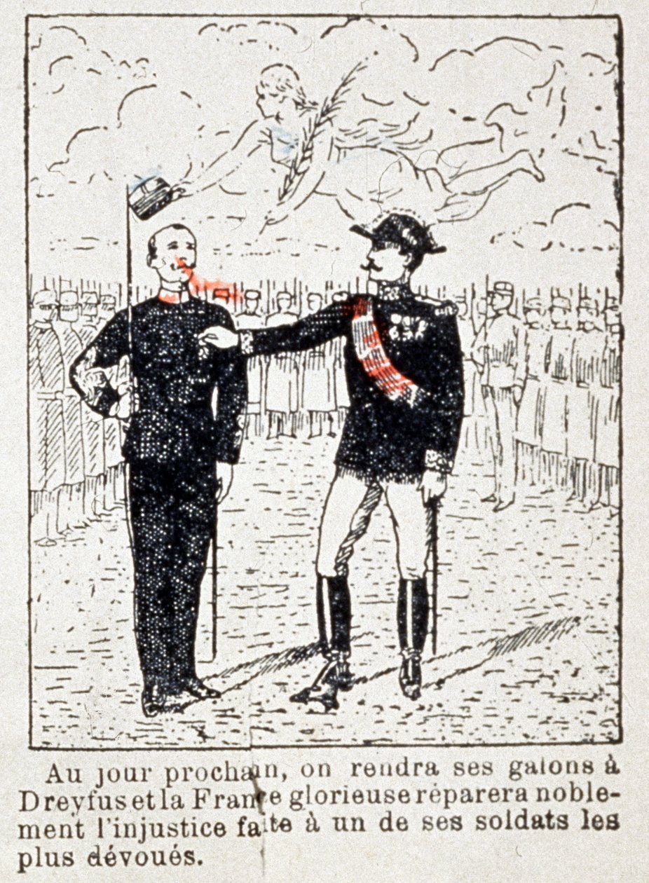 Armia nadająca pasy kapitanowi Dreyfusowi, ok. 1906 r. (rysunek) autorstwa Unbekannter Künstler