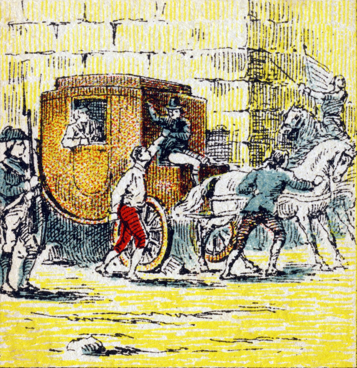 Aresztowanie Ludwika XVI i jego uciekającej rodziny w Varennes w dniu 21 czerwca 1791 r. Grawer w „Histoire de France”. Seria grafik reklamowych wydana na zlecenie Louit, 24 rue d