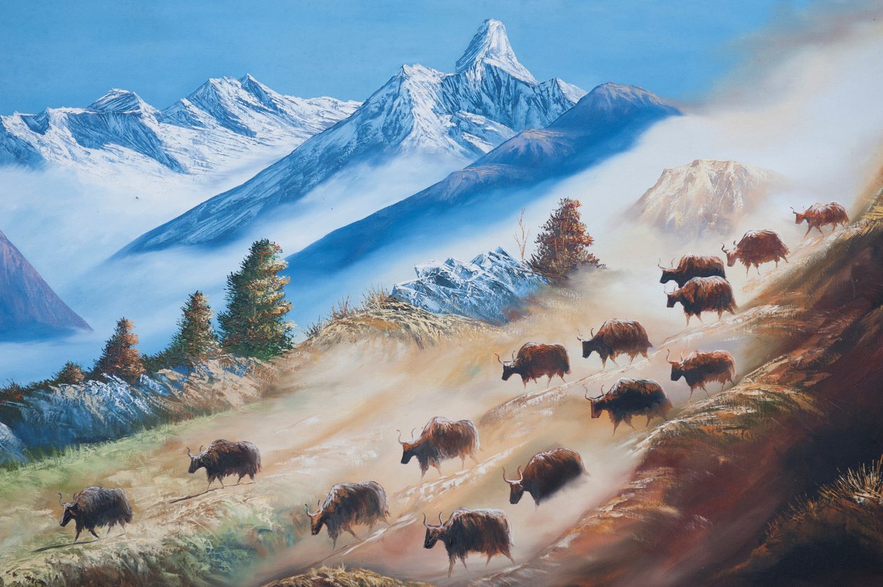 Sztuka; malowanie stada jaków pod górą Ama Dablam; wiejskie życie; galeria w Katmandu; Nepal; Azja autorstwa Unbekannt