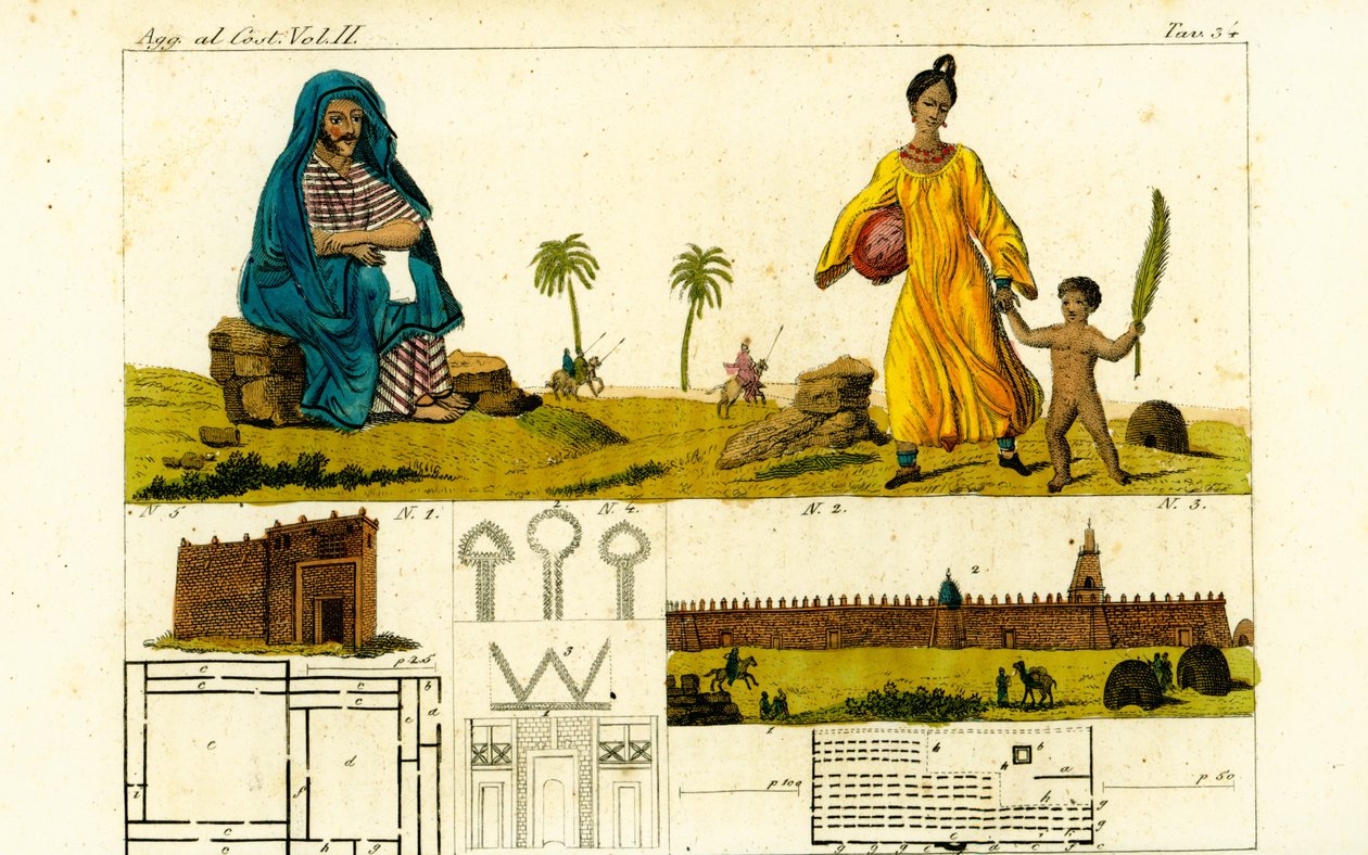 Auguste Rene Caillie 1 udając, że studiuje Koran, aby naszkicować meczet w Timbuktu, Mali, 3 lata, z kobietą w bawełnianej szacie i nagim dzieckiem z palmowym liściem 2 autorstwa Unbekannt