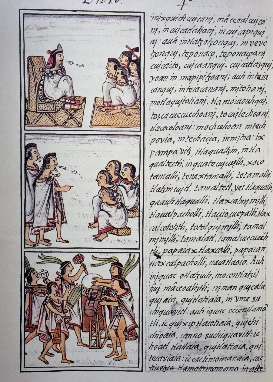 Społeczeństwo Azteków, Księga IV Kodeksu Florenckiego, Wersja dwujęzyczna w języku hiszpańskim i nahuatl, Ogólna historia rzeczy Nowej Hiszpanii, Cywilizacja Azteków autorstwa Benjamin Baud