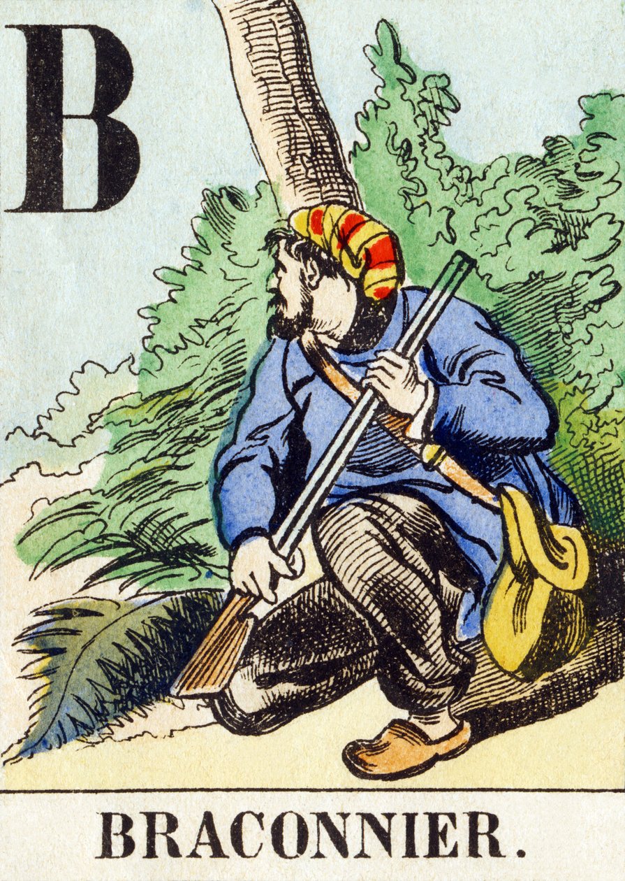 B : Braconnier - Alfabet myśliwski, c.1890 (rycina) autorstwa Unbekannt