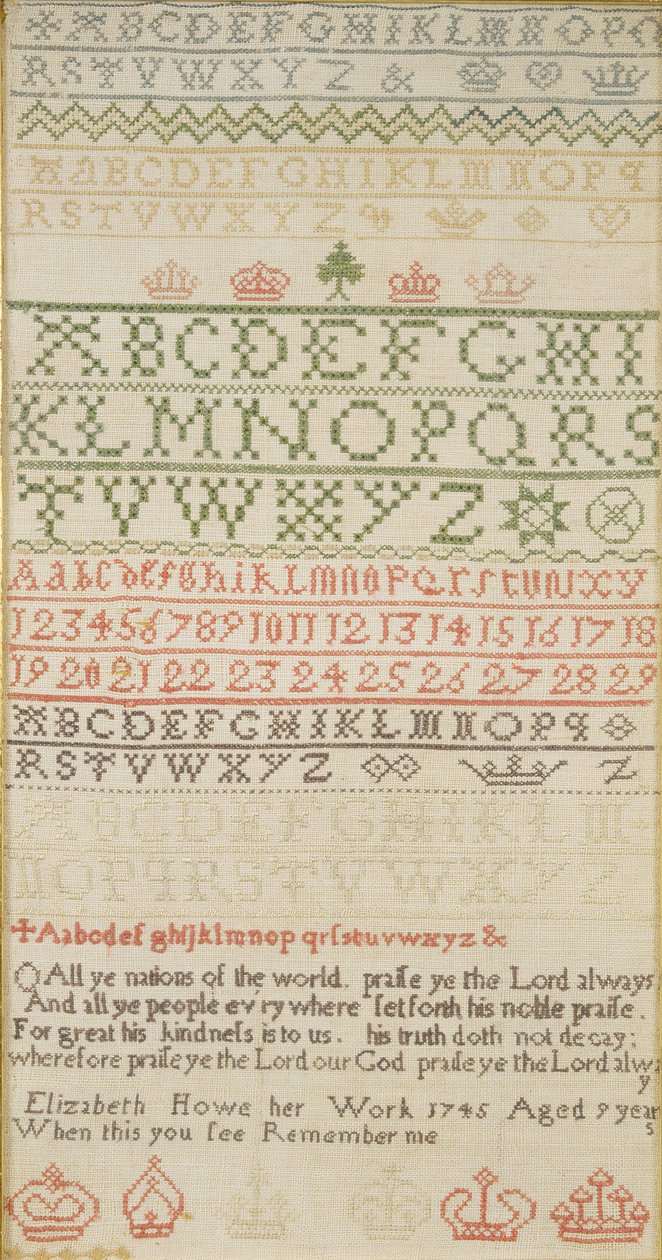Sampler zespołu z alfabetem, cyframi i wersem, opracowany przez Elizabeth Howe autorstwa Unbekannt