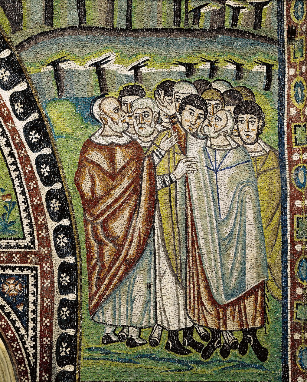 Bazylika San Vitale, Fragment mozaiki lunetowej nad wejściem do ambulatorium przedstawiającego przywódców Aarona dwunastu plemion Izraela, Rawenna, Emilia-Romania, Włochy autorstwa William M. Timlin