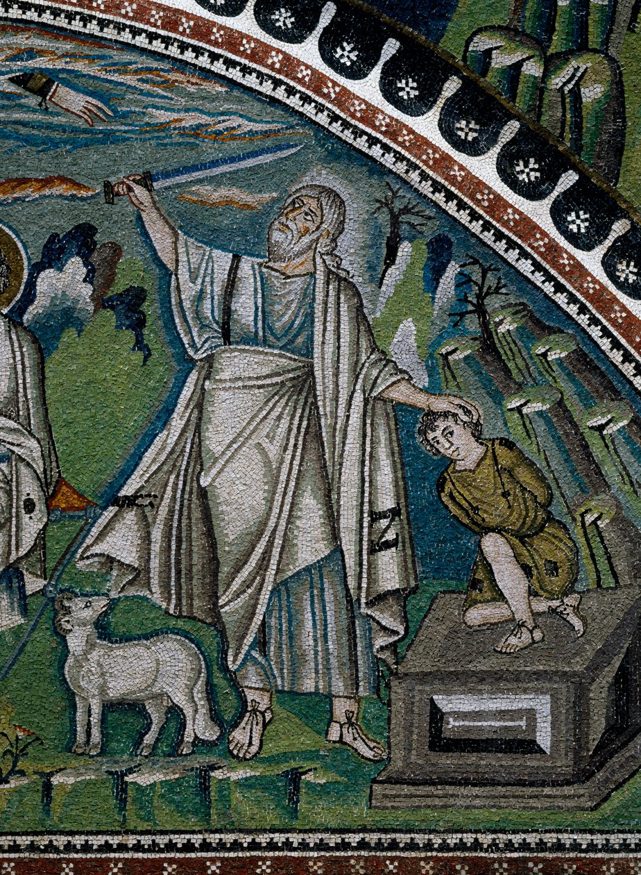 San Vitale, Opowieści Abrahama, fragment mozaiki lunetowej nad wejściem do ambitu przedstawiający ofiarę Izaaka, Rawenna, Emilia-Romania, Włochy autorstwa Benjamin Baud