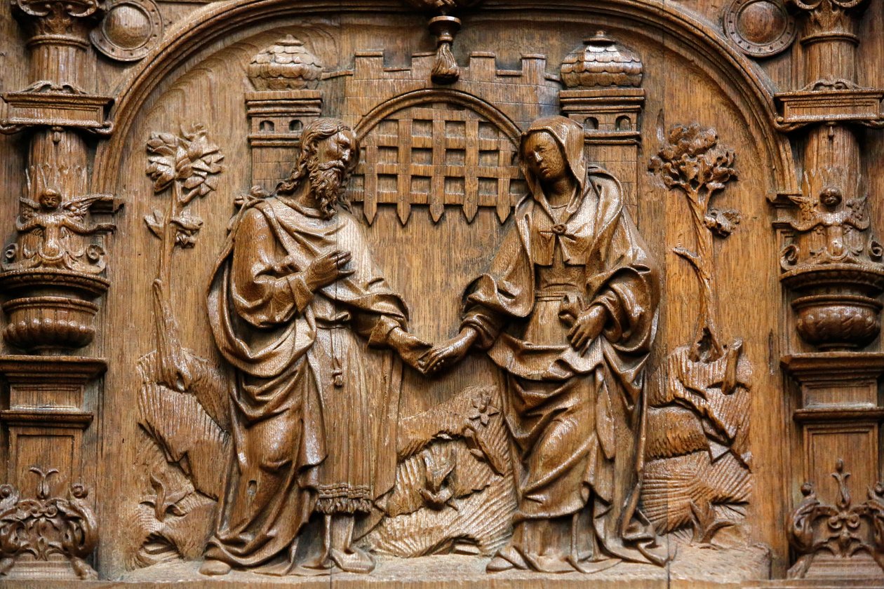Bazylika św, Denis, Stalle kaplicy Goillon (pocz. XVI w.), Wizerunek Matki Boskiej i zaślubin Józefa, Saint-Denis, Francja autorstwa Unbekannt