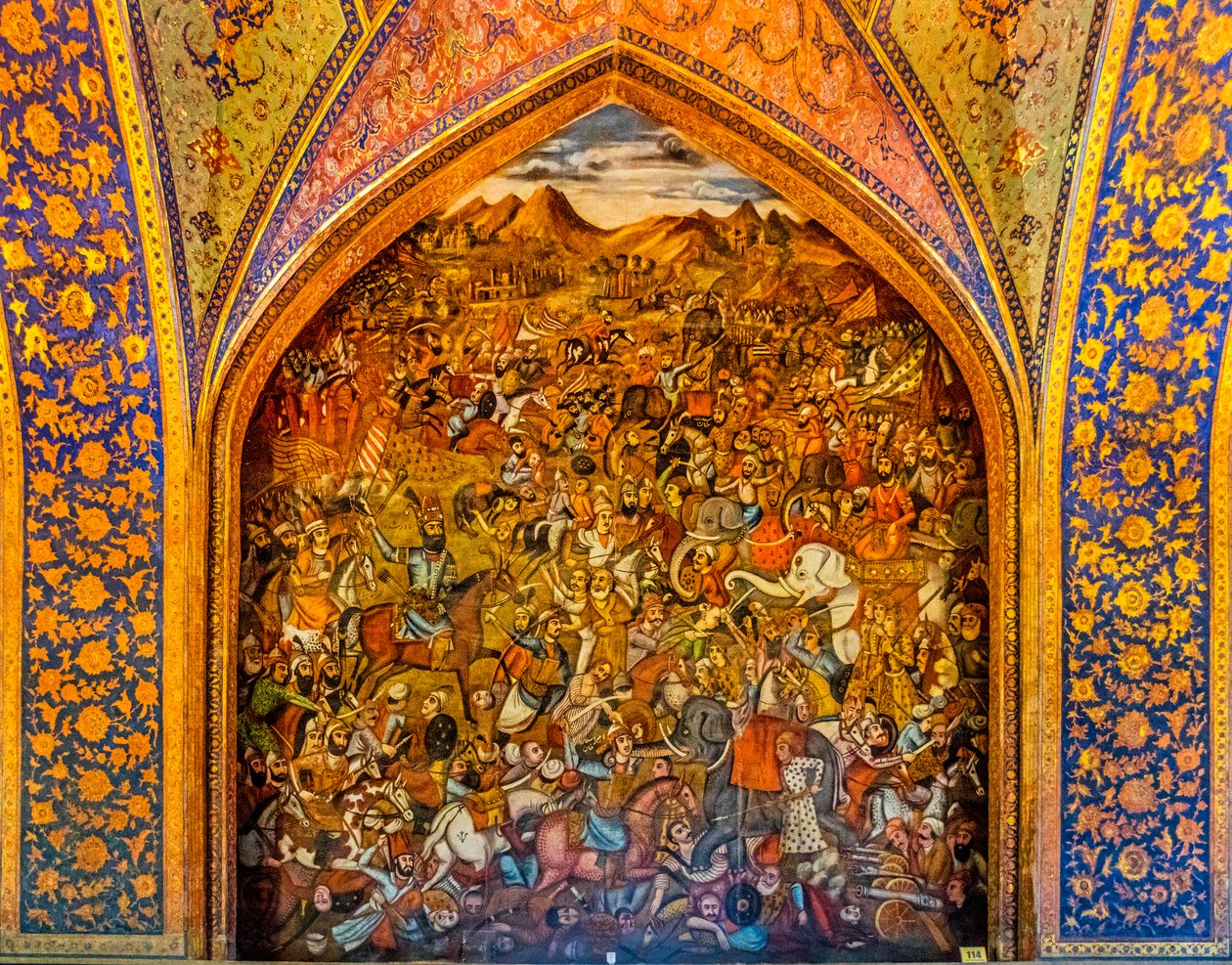 Bitwa pod Chaldiran przeciwko osmańskiemu Selimowi I 1514, freski ze scenami dworskimi i scenami bitewnymi, pałac Chehel Sotoun, Isfahan, Isfahan, Iran, Azja (zdjęcie) autorstwa Unbekannter Künstler