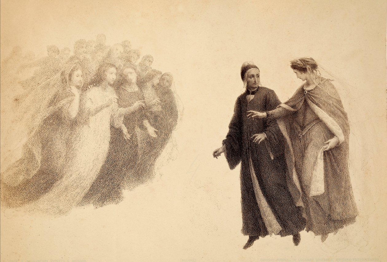 Beatrycze na firmamencie Raju wskazuje Dantemu grupę dusz. Ilustracja do Canto III Paradiso z Boskiej komedii Dantego Alighieri. Dzieło Franceso Scaramuzzy dedykowane władzom miejskim Florencji. autorstwa Unbekannter Künstler