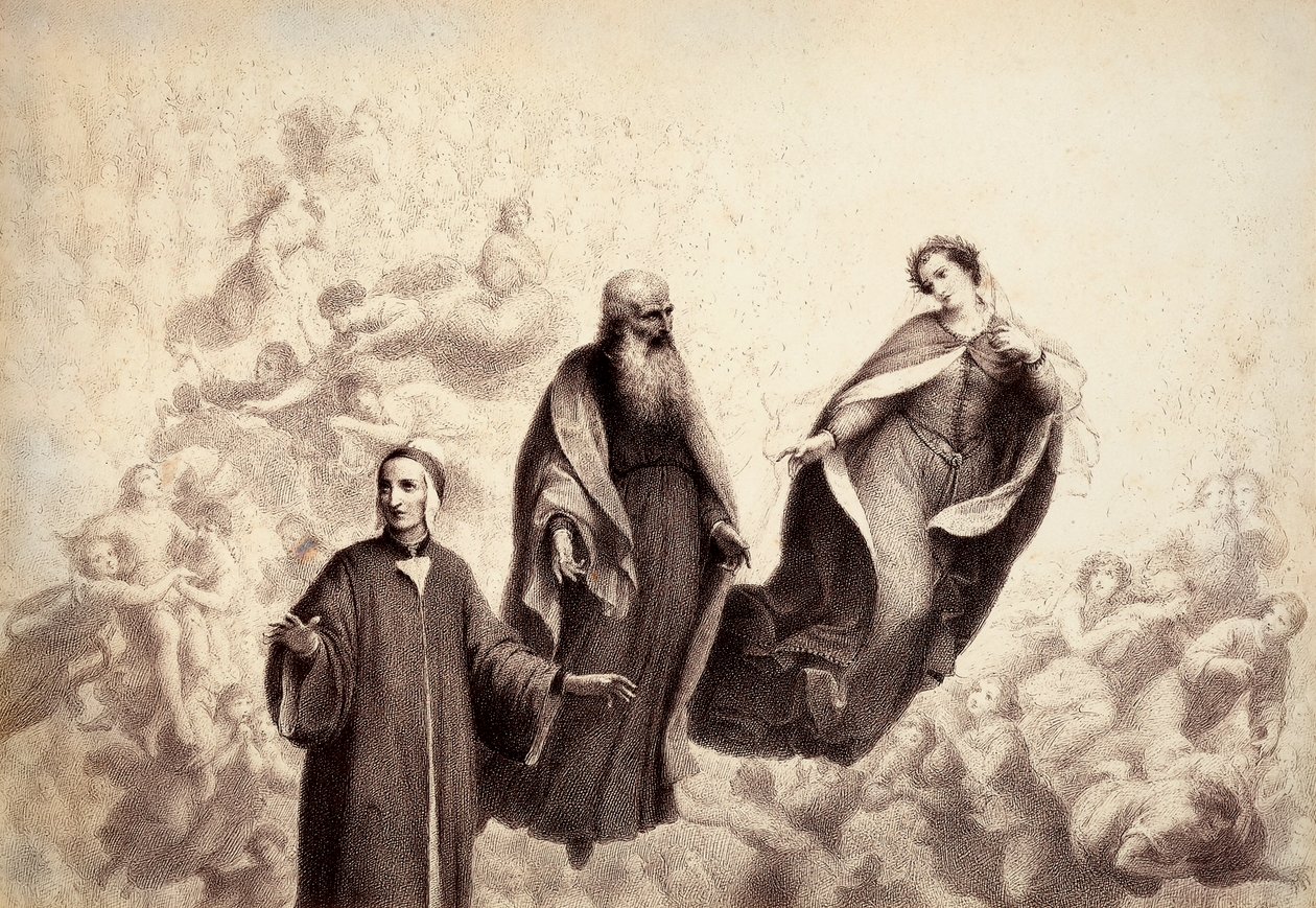 Beatrycze odsuwa się od Dantego, a u jego boku pojawia się święty Bernard. Ilustracja do Canto XXXI w Paradiso z Boskiej komedii Dantego Alighieri. Dzieło Francesco Scaramuzzy dedykowane władzom miejskim Florencji. autorstwa Unbekannter Künstler
