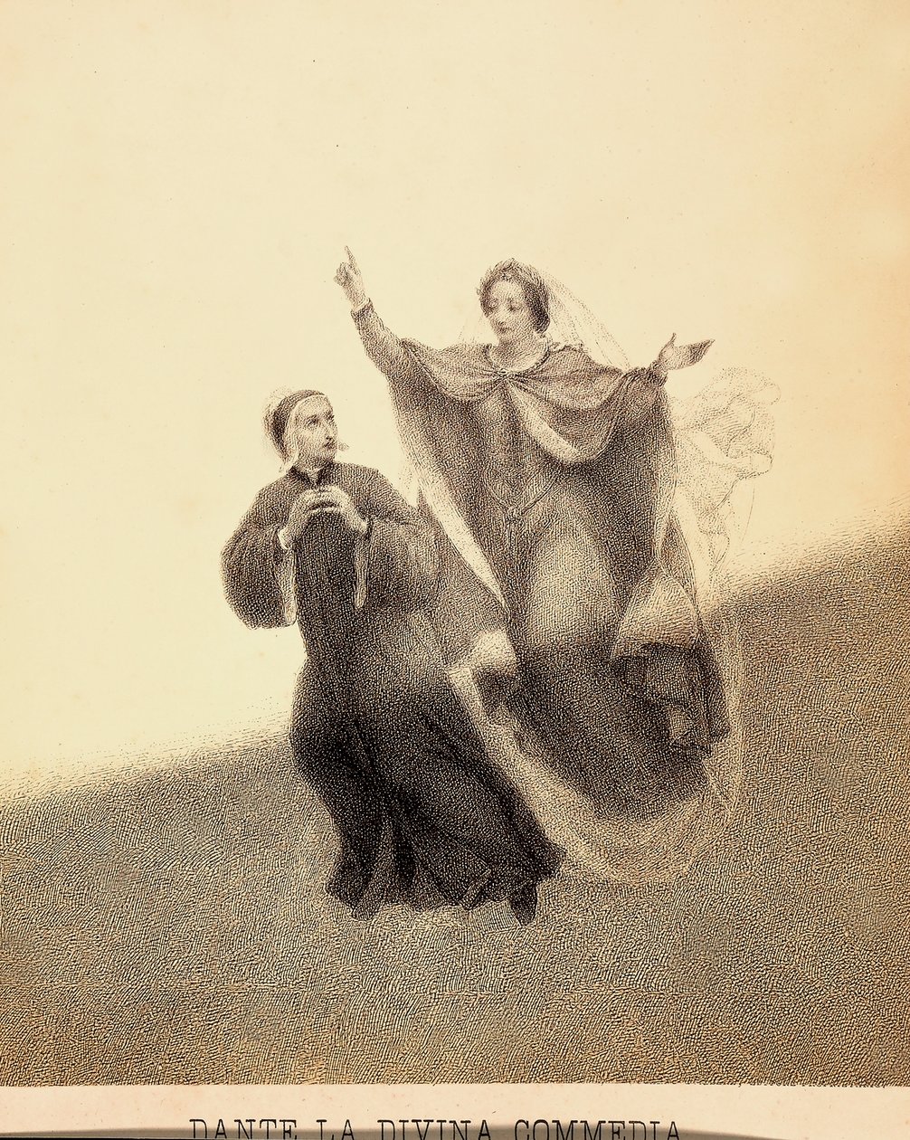 Beatrycze, wskazując palcem wskazującym w górę, prowadzi Dantego przez firmament Paradiso. Ich ciała są oświetlone promieniem światła. Ilustracja do Canto I Paradiso z Boskiej komedii Dantego Alighieri. Dzieło Franceso Scaramuzzy z dedykacją autorstwa Unbekannter Künstler
