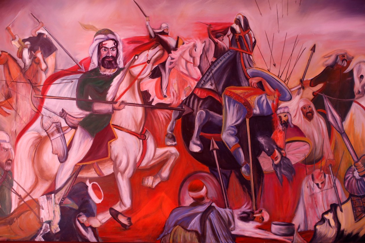 Bektachi (Bektashi) mieszka w Gjakove w Kosowie. Obraz przedstawiający bitwę pod Karbalą. (obrazek) autorstwa Unbekannt
