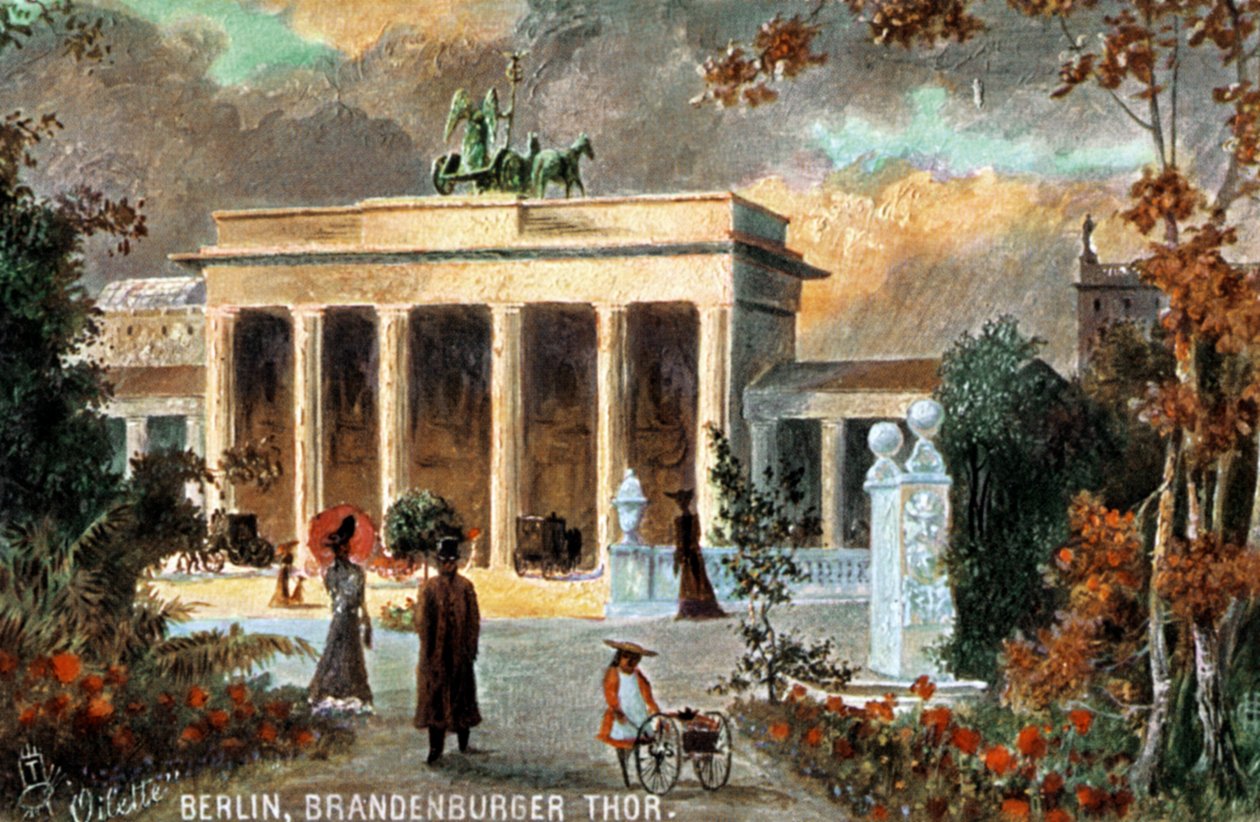 Berlin - Brandenburger Thor. Widok na Bramę Brandenburską z kwiatami i przechodniami, koniec 19/20 wieku (druk) autorstwa Unbekannter Künstler