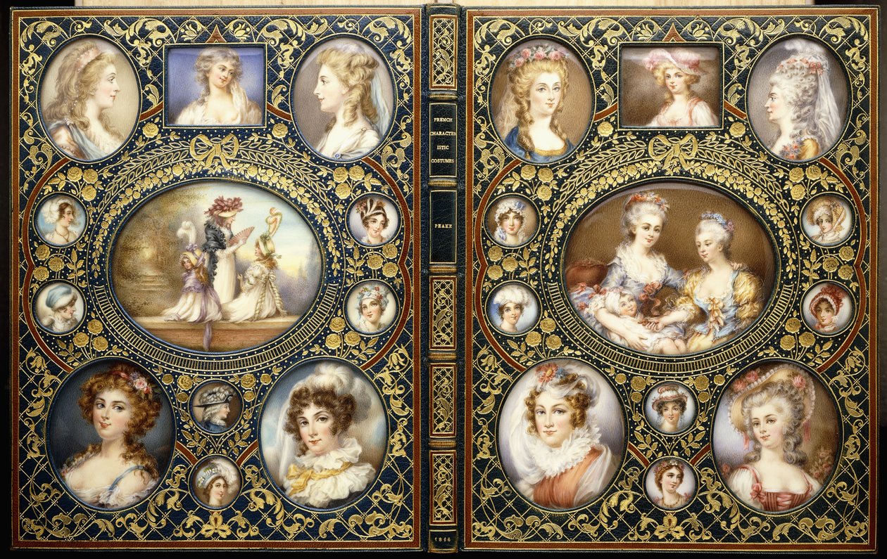 Oprawa z dwudziestoma czterema miniaturami portretowymi, z książki "French Characteristic Costumes" Richarda Brinsleya Peake