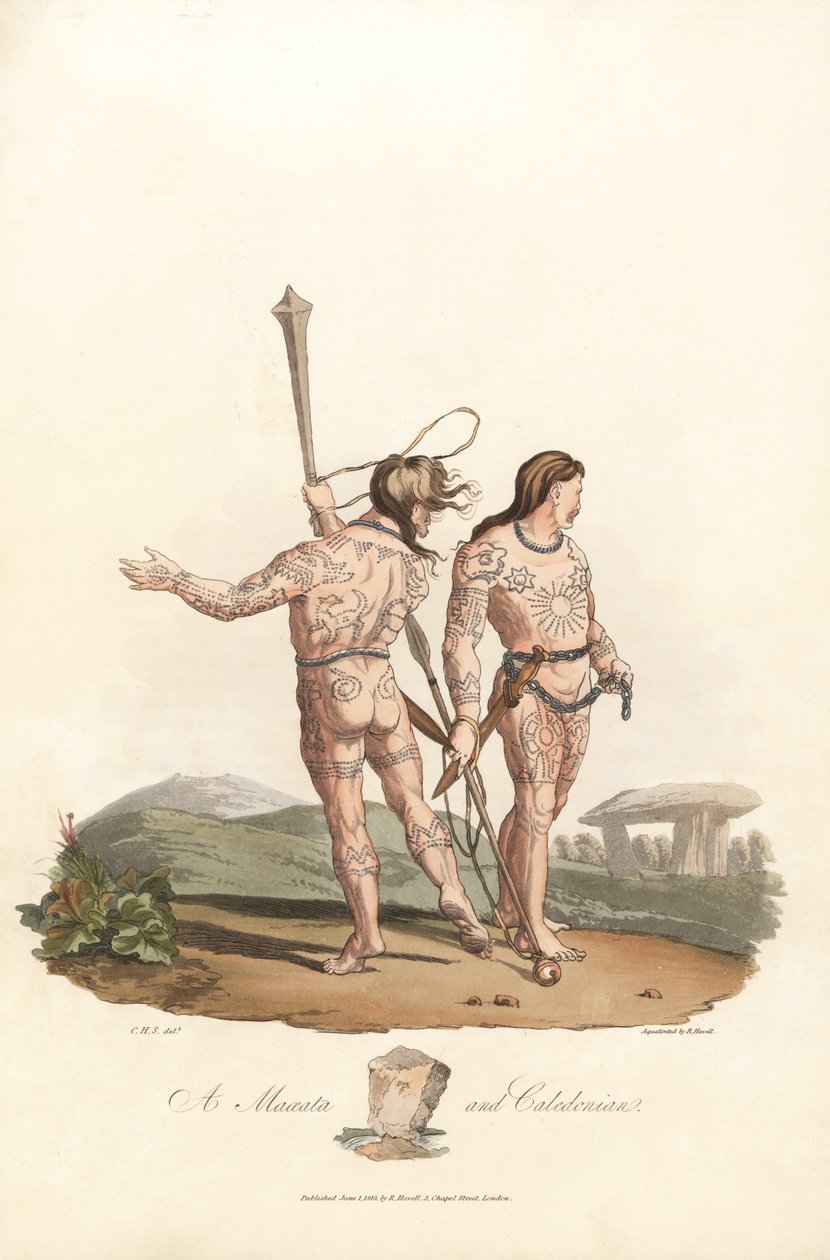 Antyk brytyjski (okres przedrzymski, przed I w.): Catini i Kaledończycy (Szkoci) z północnych równin i lasów Brytanii, pokryci tatuażami - Forte water Roberta Havella (1793-1878) z ilustracji Charlesa Hamiego autorstwa Unbekannter Künstler