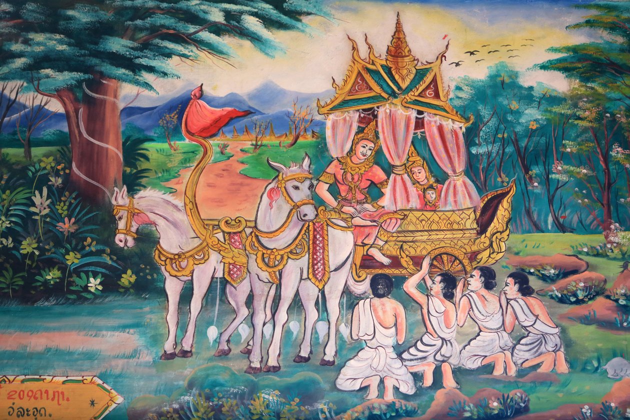 Budda i księżniczka Yashodhara oraz ich syn Rahula. Życie Buddy. Malowidła ścienne. Wat Inpeng. Wentyjczyk. Laos, 20151029, Wientian, Laos autorstwa Unbekannt