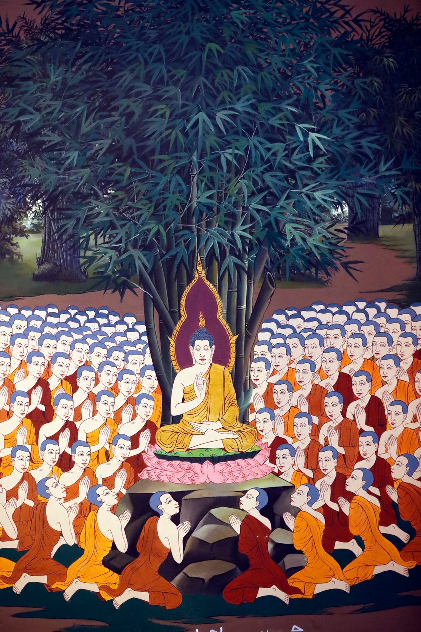 Budda naucza uczniów, fresk ścienny, świątynia Wat Botum, Phnom Penh, 2022 (zdjęcie) autorstwa Unbekannter Künstler