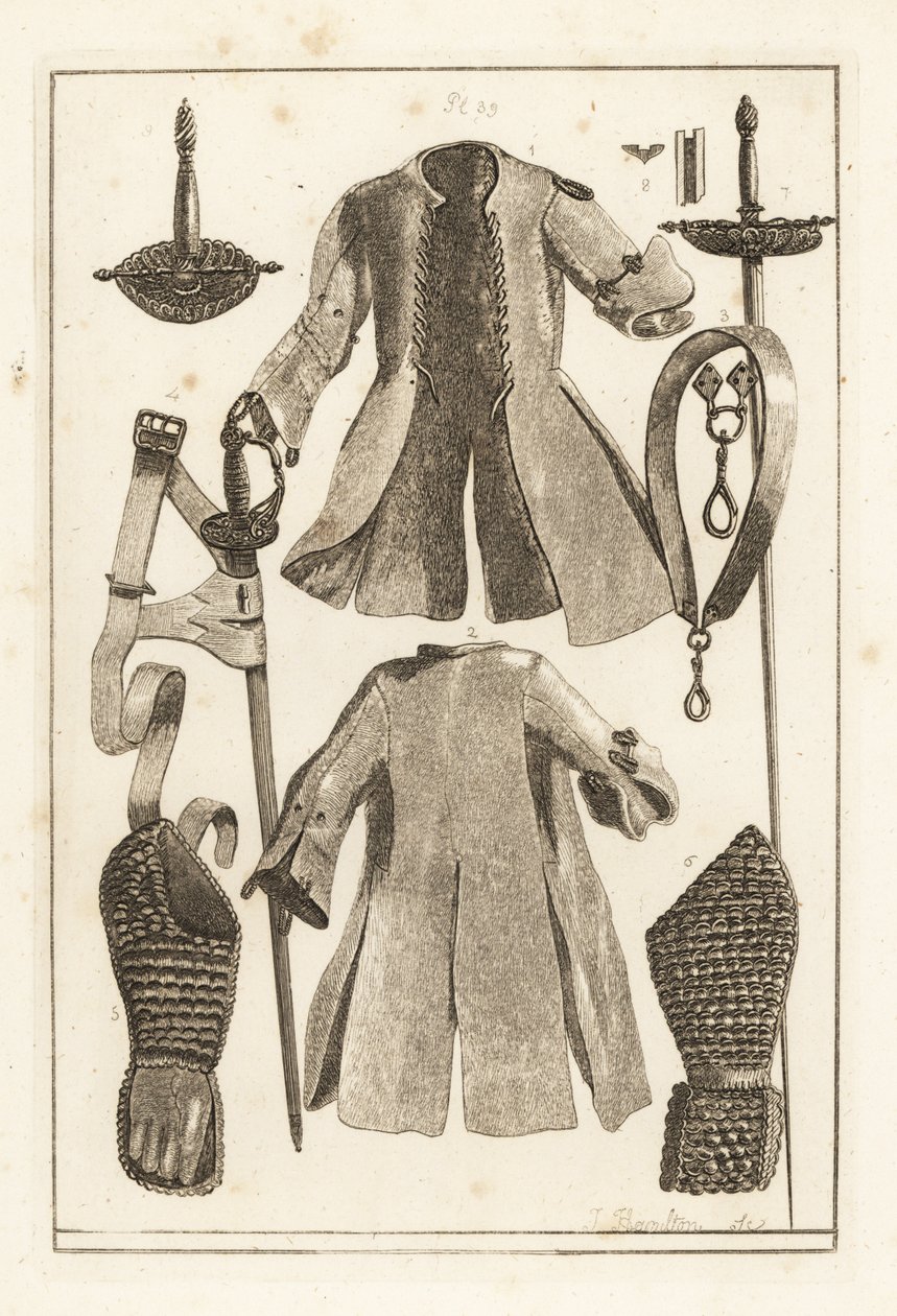 Buff coat 1,2, wzmocniony pas 3, złocona srebrna rękojeść miecza 4, wzmocnione naramienniki i rękawica 5,6, miecz toledo 7, ostrze i pochwa 8 oraz rękojeść 9 autorstwa Unbekannt