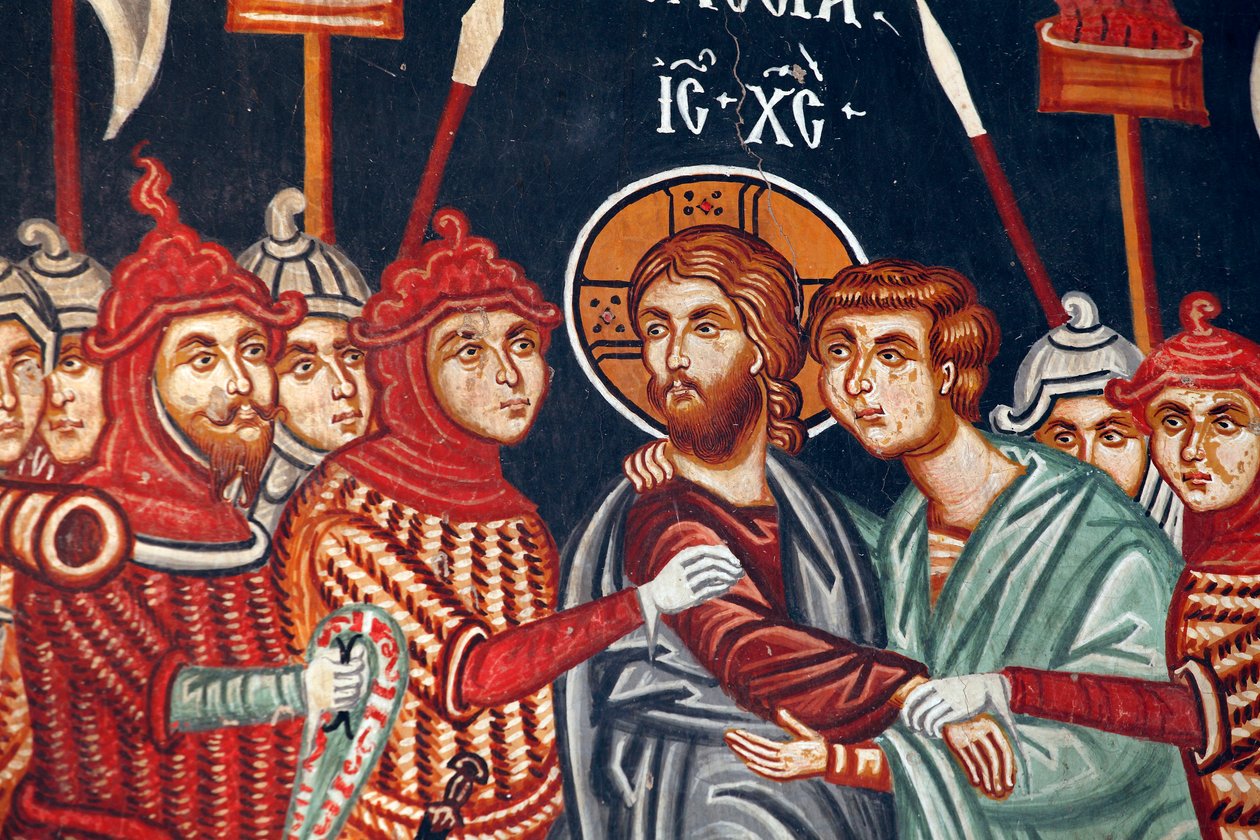 Bizantyjski fresk z XV wieku Zdrada Judy i aresztowanie kościoła Jezusa Michała Archanioła w Pedoulas Cypr Malowane kościoły UNESCO Troodos, Cypr autorstwa Unbekannt