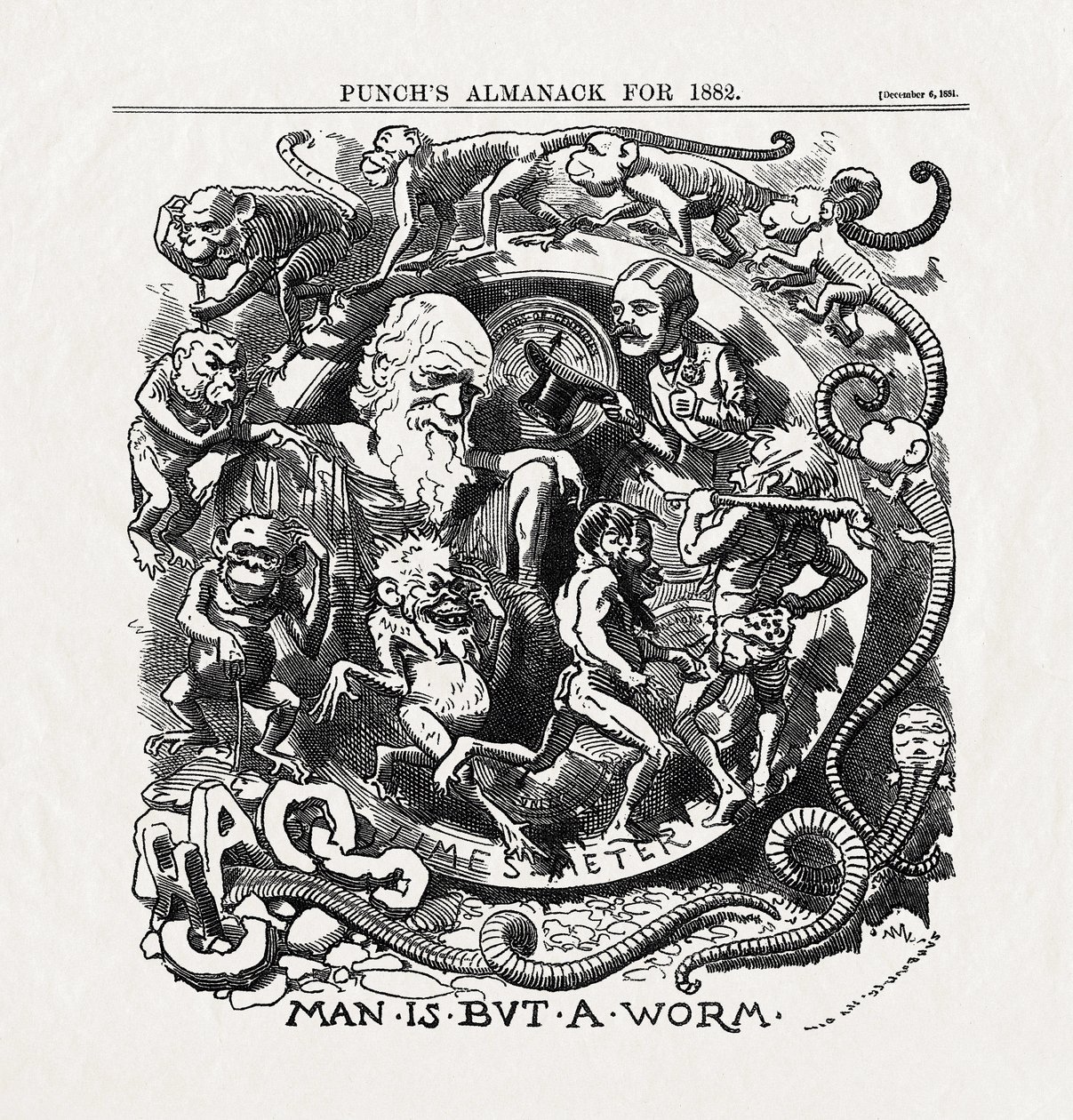 Karykatura na temat teorii ewolucji Karola Darwina (1809-1882): "Man is but a worm" (Człowiek jest tylko robakiem) z "Punch" 06/12/1881 r. autorstwa Unbekannter Künstler