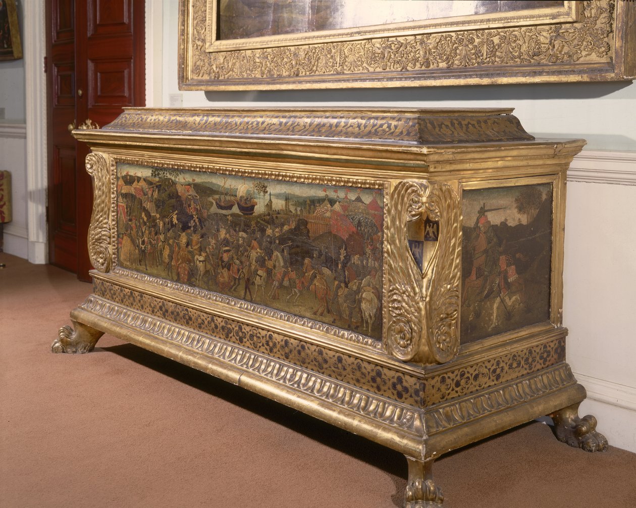 Cassone, z malowanymi panelami przedstawiającymi bitwę pod Farsalią z Historii Pompejusza i Cezara, szkoła florencka autorstwa Unbekannt