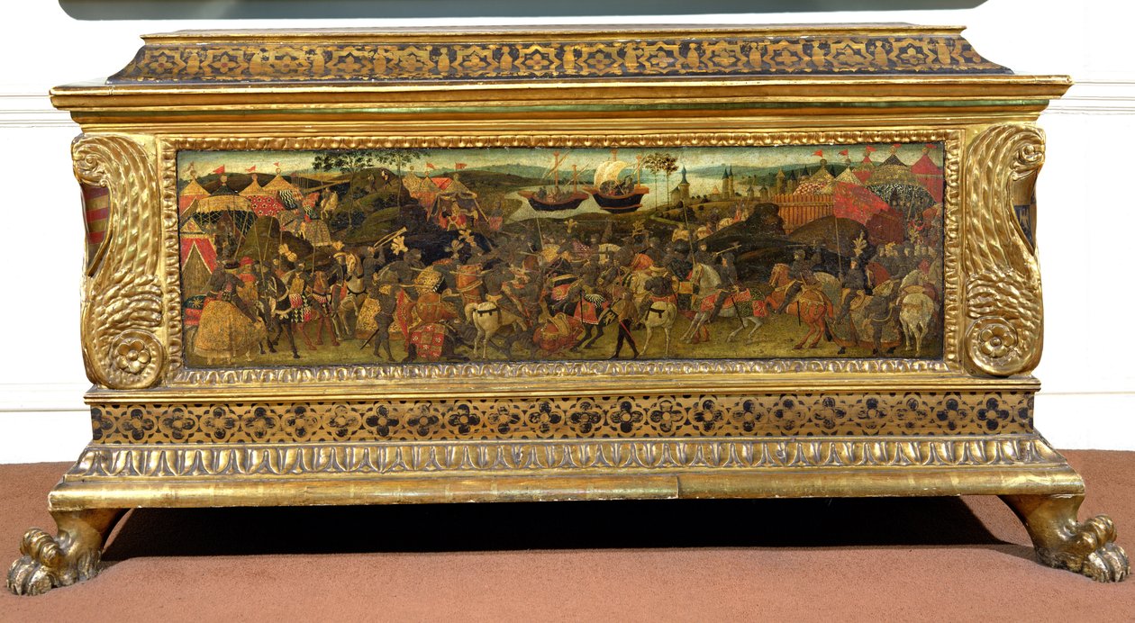 Cassone, z malowanym panelem bocznym przedstawiającym bitwę pod Farsalią z „Historii Pompejusza i Cezara”, Szkoła Florencka autorstwa Unbekannt