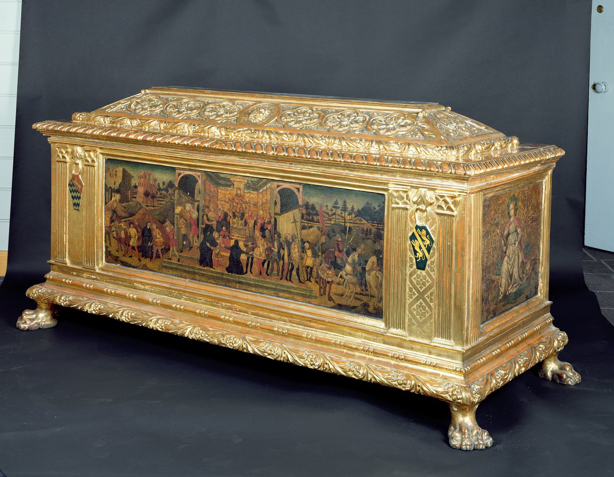 Cassone z panelami przedstawiającymi Kontynent Scypiona i alegorie Męstwa i Roztropności, przypisywany warsztatowi Apollonio di Giovanni, ok. 1460-65 (tempera na panelu) autorstwa Unbekannt