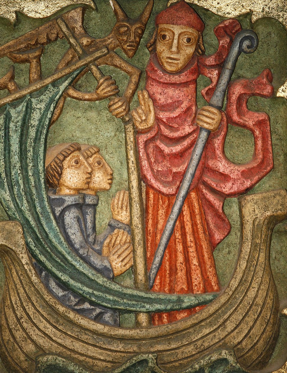 Katedra Saint-Samson w Dol de Bretagne: rzeźba ołtarza głównego (Claude Gruer 1980): Saint Samson pierwszy biskup Dol płynie z towarzyszami w kierunku Armory autorstwa Unbekannt