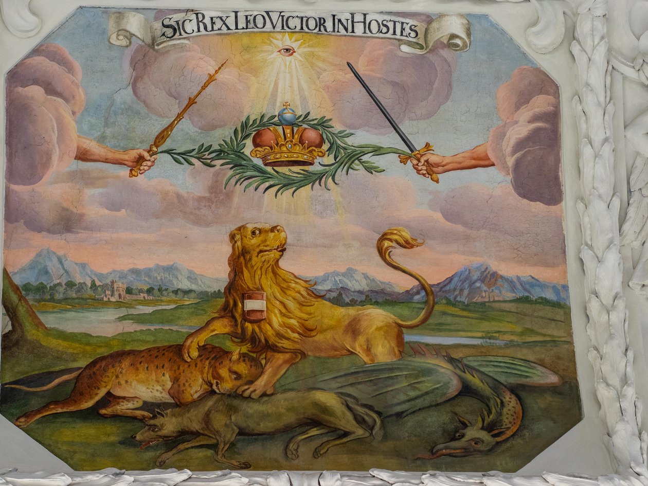 Fresk na suficie w nawie kościoła św. Katarzyny, alegoryczne przedstawienia zwycięstw cesarza Leopolda I nad Turkami, Mauzoleum Habsburgów, Graz, Styria, Austria, Europa (zdjęcie) autorstwa Unbekannter Künstler
