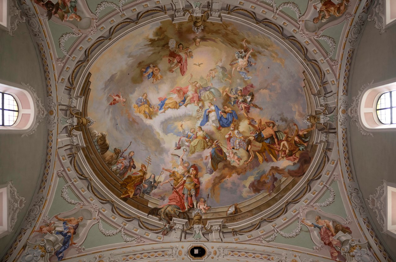 Malowidło na suficie, zdjęcie wnętrza, katolicki kościół parafialny św. Jerzego, Neustift, dolina Stubai, Tyrol, Austria, Europa (zdjęcie) autorstwa Unbekannter Künstler