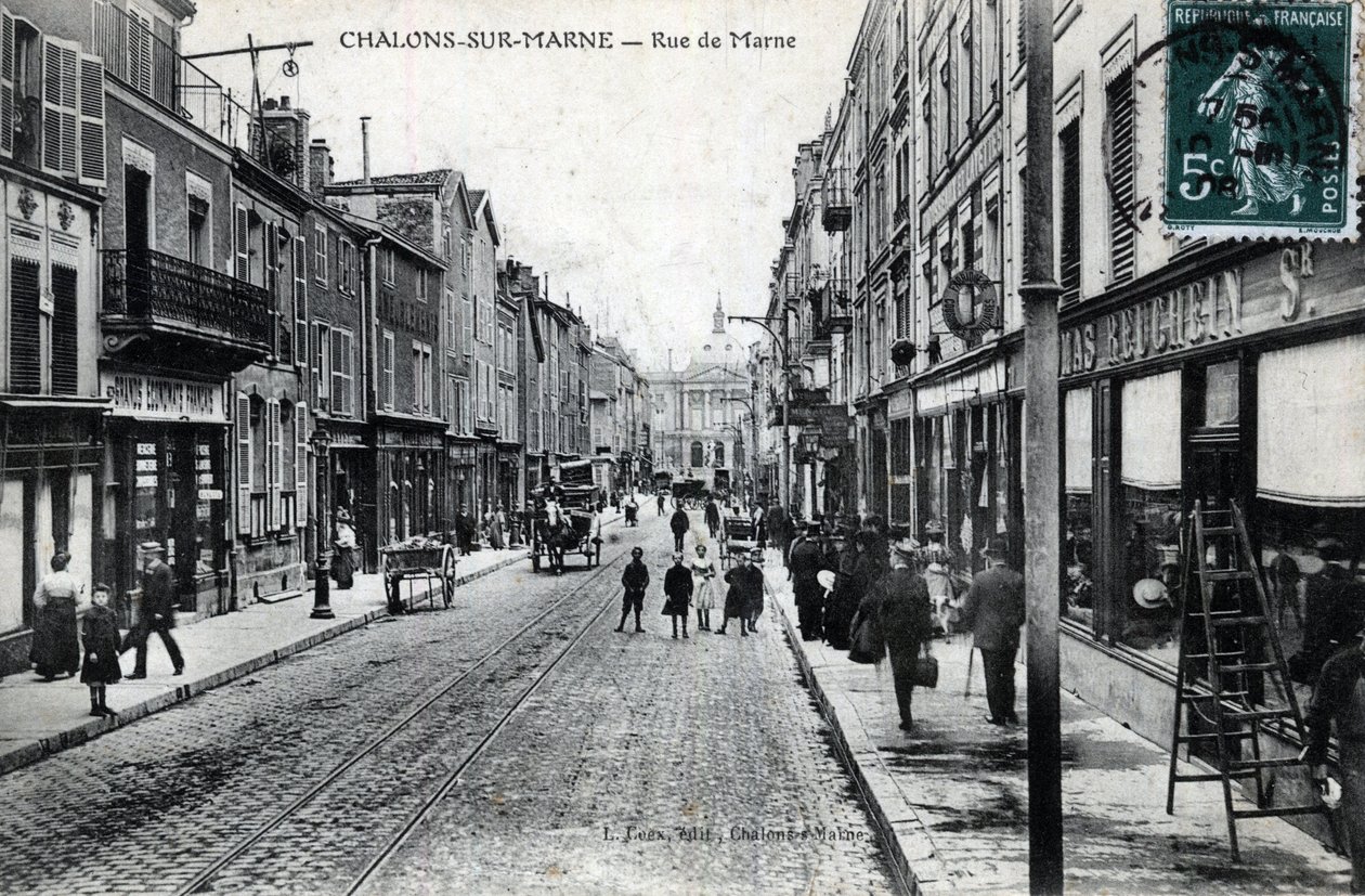 Champagne-Ardenne, Marne (51), Chalons sur Marne (Chalons-sur-Marne): widok na rue de la Marne (miasto nosi obecnie nazwę Chalons en Champagne (Chalons en Champagne) - pocztówka koniec XIX-początek XX wieku autorstwa William M. Timlin