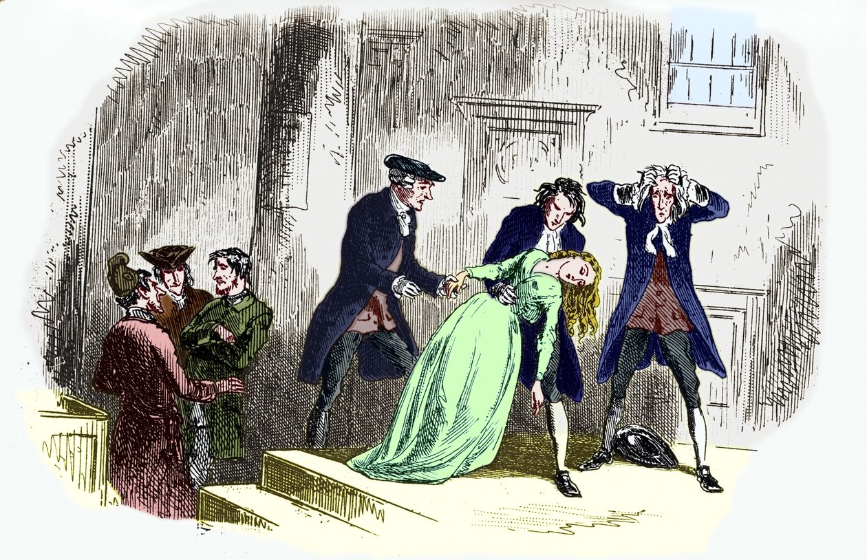 „Opowieść o dwóch miastach” Karola Dickensa: Podpis brzmi: Po zdaniu. - Lucie Manette mdleje. CD: angielski powieściopisarz, 7 lutego 1812 9 czerwca 1870. Ilustracja: George Cruikshank: angielski karykaturzysta i ilustrator książek autorstwa Unbekannt