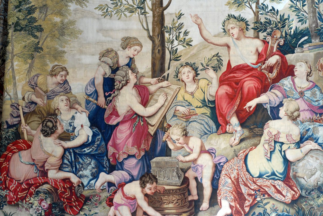 Chateau de Fontainebleau: detal, draperia utkana dla Ludwika XIV w fabryce Gobelins z 1687 roku na podstawie wielkich obrazów Pierre