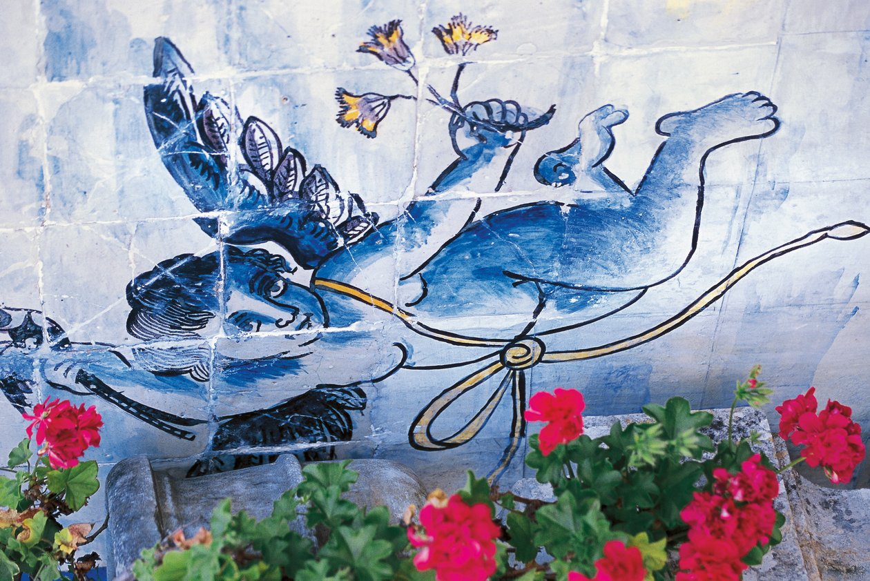 Cherub, płytki azulejos, Pałac markizów Fronteira, Lizbona, Portugalia, Detail autorstwa Benjamin Baud