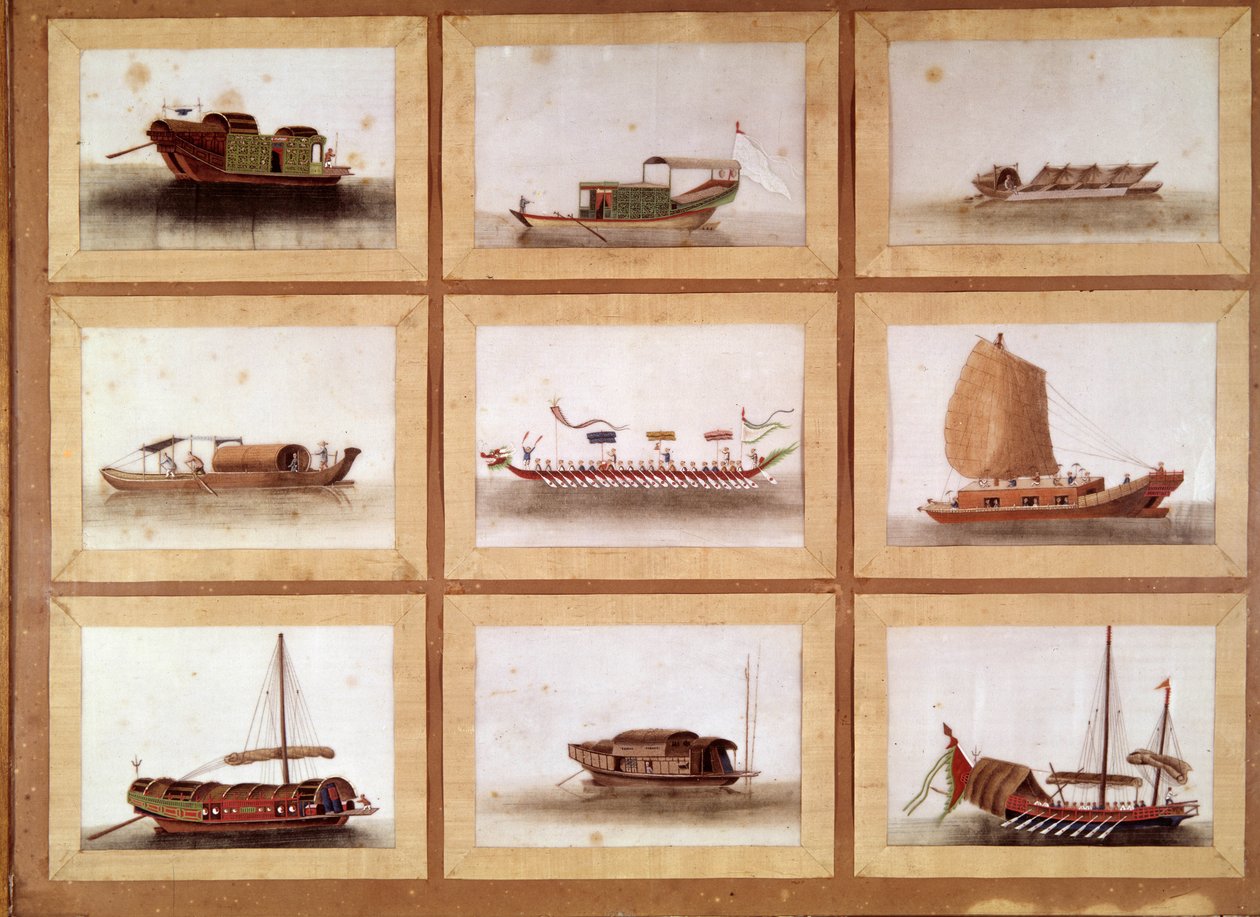 Chińskie dżonki Wielkiego Zheng He (Zheng-He lub Cheng Ho) (1371-1433) lub Hajji Mahmuda (imię arabskie) chińskiego eunucha i odkrywcy morskiego. autorstwa William M. Timlin