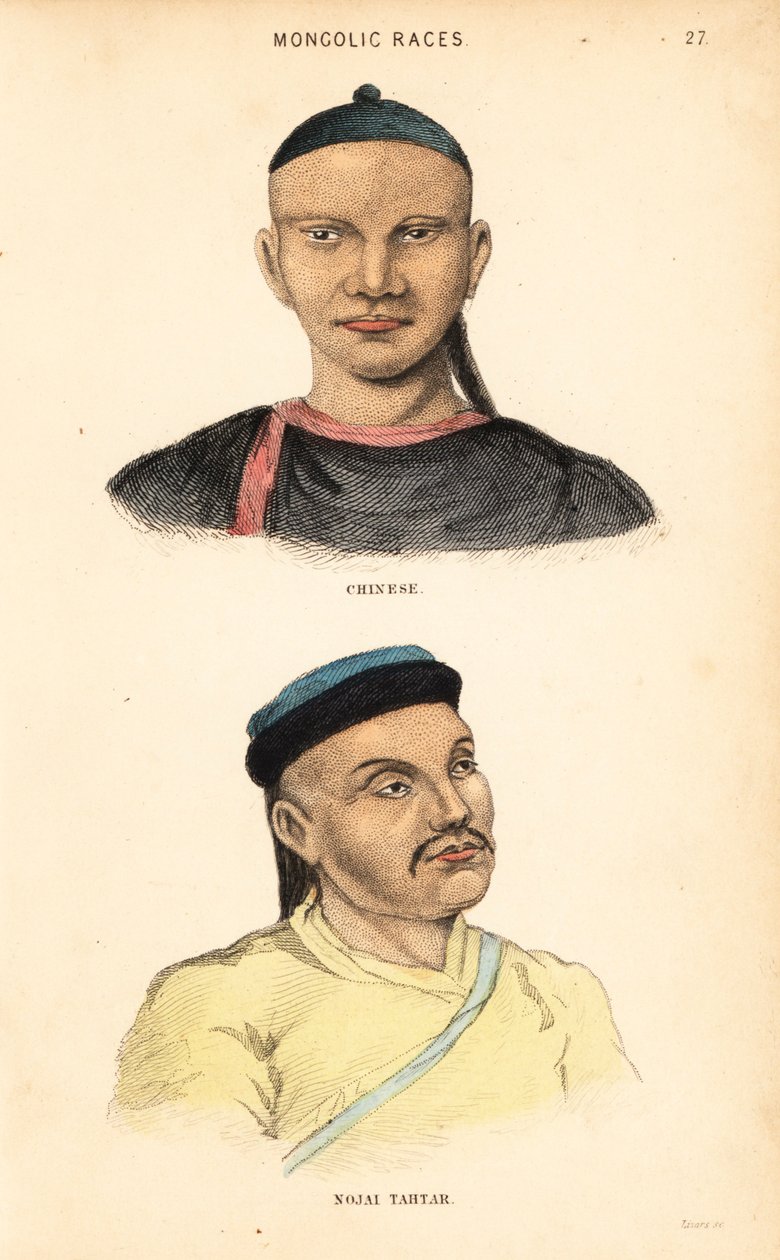 Chińczyk i Tatar z hordy Nogajów. Rasy mongolskie. Ręcznie kolorowany staloryt Lizarsa na podstawie ilustracji Charlesa Hamiltona Smitha z jego Historii naturalnej gatunku ludzkiego. autorstwa Unbekannter Künstler