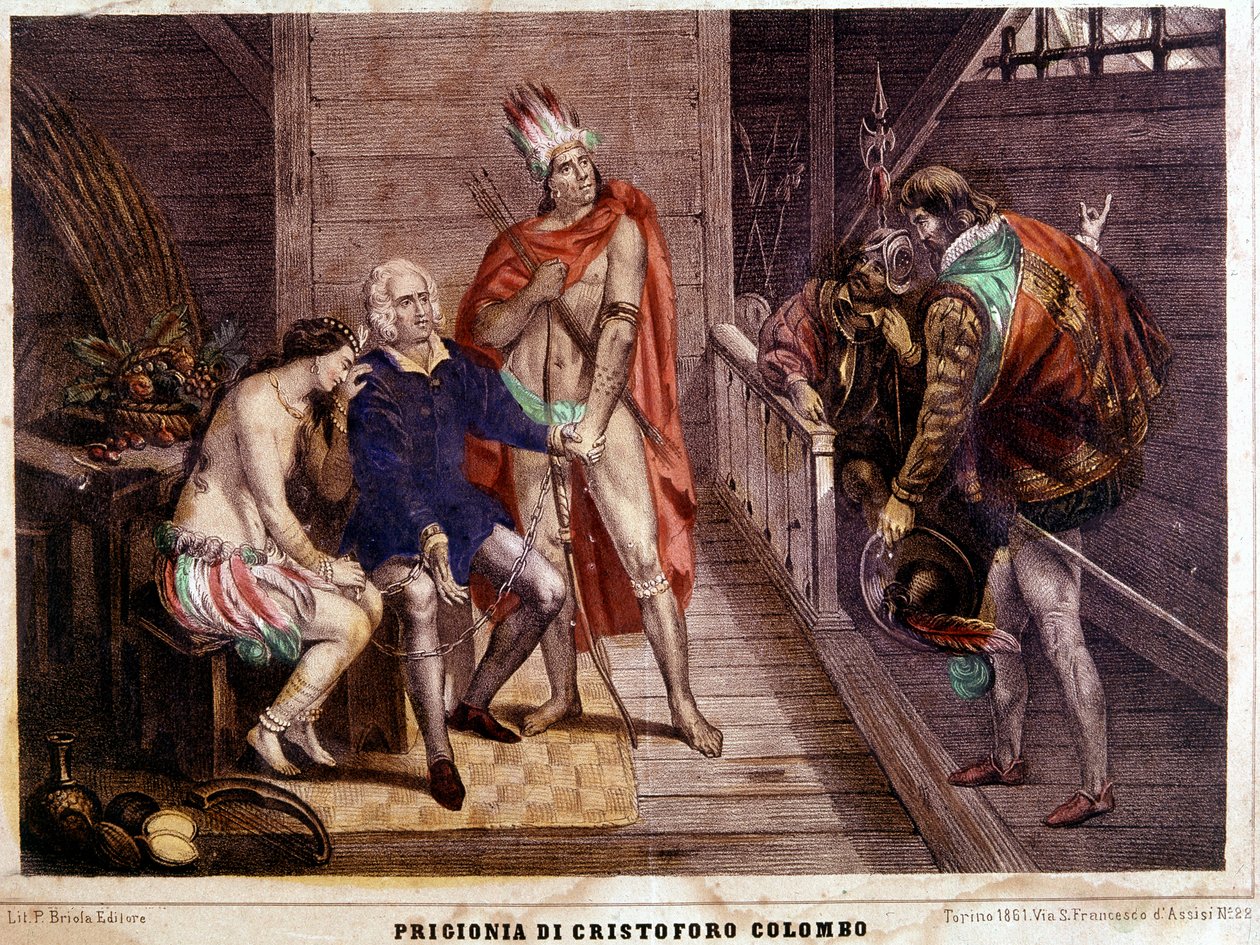 Łańcuchy Krzysztofa Kolumba (Colombo) w 1500 r. podczas powrotu do Hiszpanii - włoska rycina z 1861 r. autorstwa Unbekannter Künstler