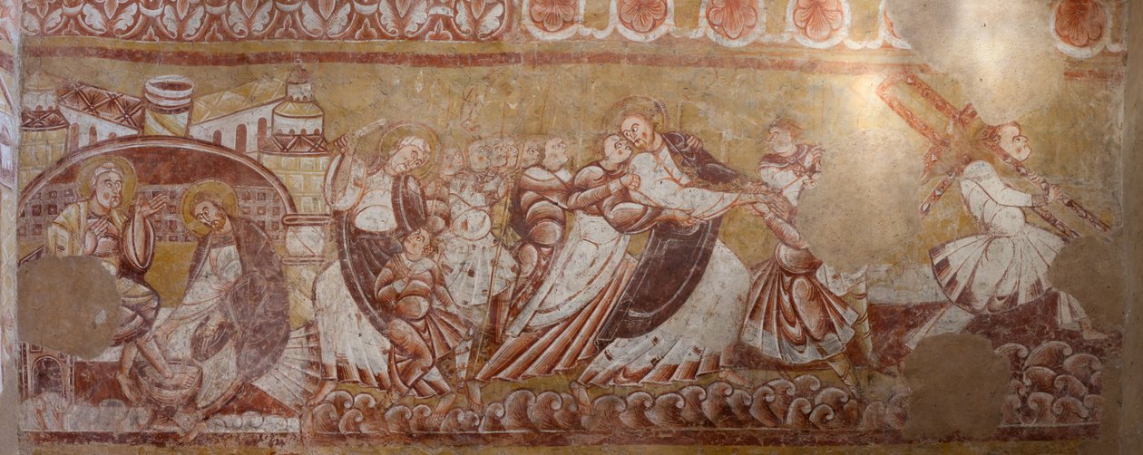 Kościół (Église Saint-Martin). Wnętrze. Malowidła ścienne (fresk). Północna ściana chóru. Szczegół. Aresztowanie Chrystusa, mycie stóp. XII wiek. autorstwa Unbekannt