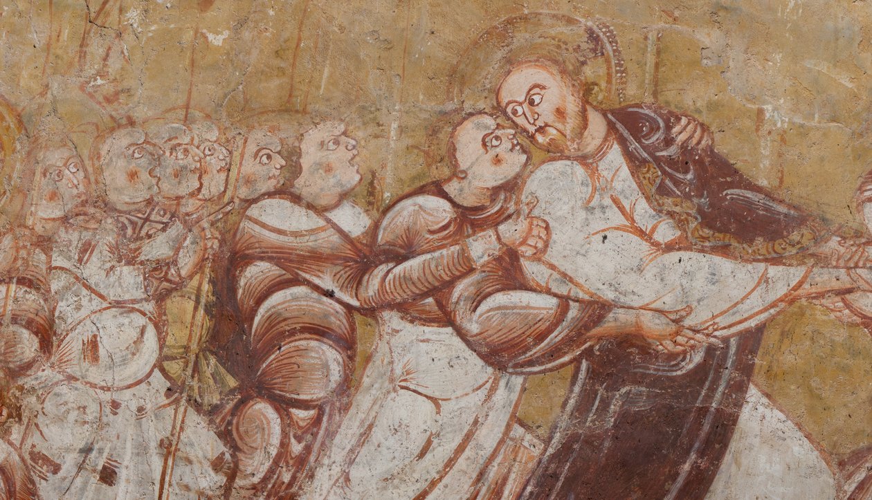 Kościół (Église Saint-Martin). Wnętrze. Malowidła ścienne (fresk). Północna ściana chóru. Szczegół. Aresztowanie Chrystusa. XII wiek. autorstwa Unbekannt