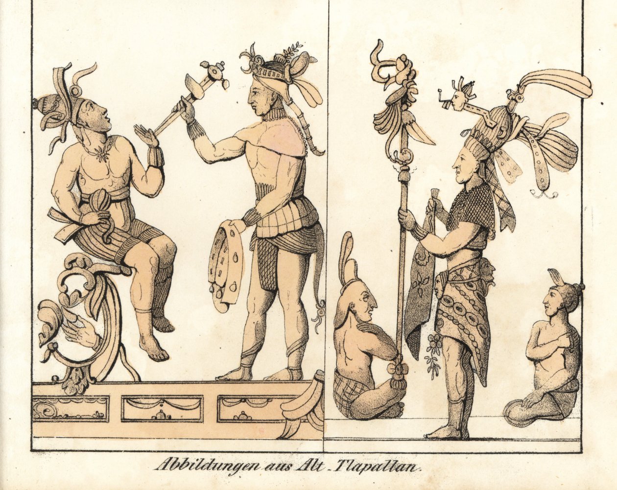 Kolekcja rysunków autorstwa Tlapallana (Meksyk). Litografia do książki: "Galerie complete en tableaux fideles des peuples d