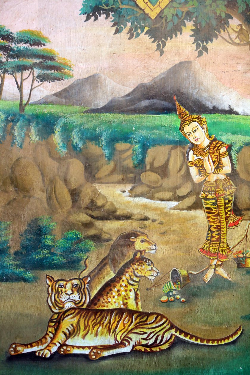 Współczucie dla zwierząt. Obraz przedstawiający historię życia Buddy Siakjamuniego. Wat Naxai. Wientian. Laos, 20151106, Wientian, Laos autorstwa Unbekannt