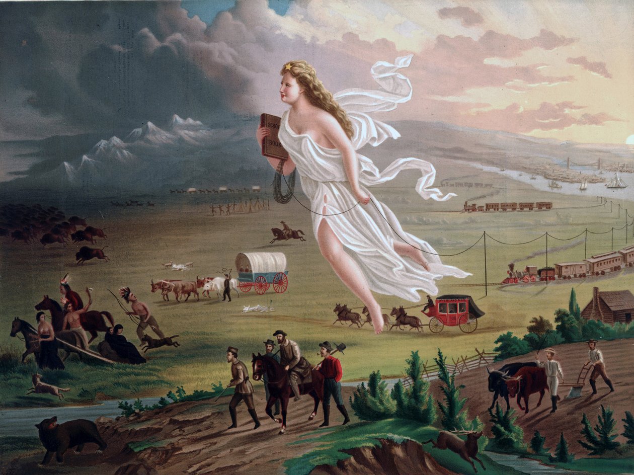 Koncepcja Manifest Destiny: Alegoryczna postać kobieca niosąca elektryczny drut telegraficzny, prowadzi amerykańskich pionierów i linie kolejowe na zachód, przed nimi wycofują się rdzenni Indianie, bizony i niedźwiedzie. Chromolitografia z 1873 roku. autorstwa Unbekannter Künstler