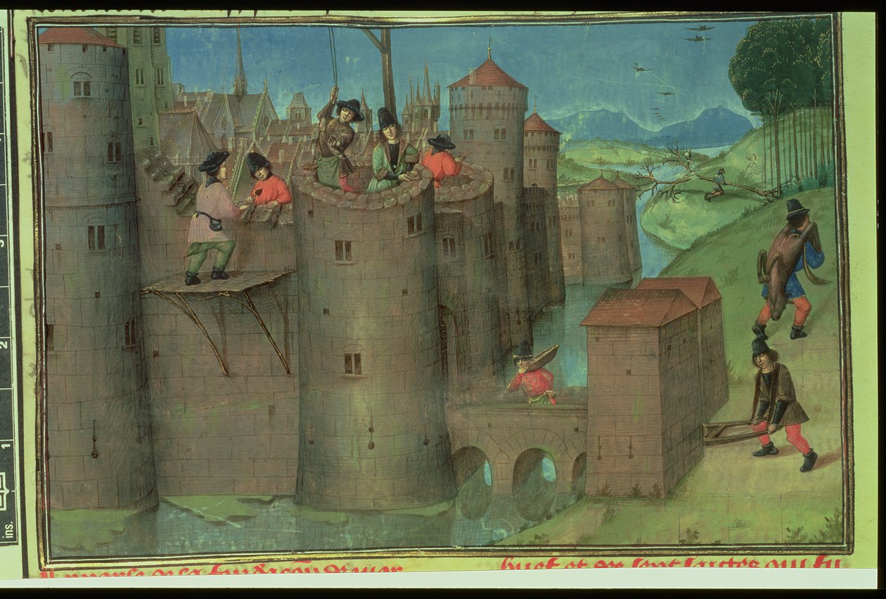 Cott Aug A V f.51v Budynek Marsylii, z „Histoire Universelle”, c.1286 (welum) autorstwa Unbekannter Künstler