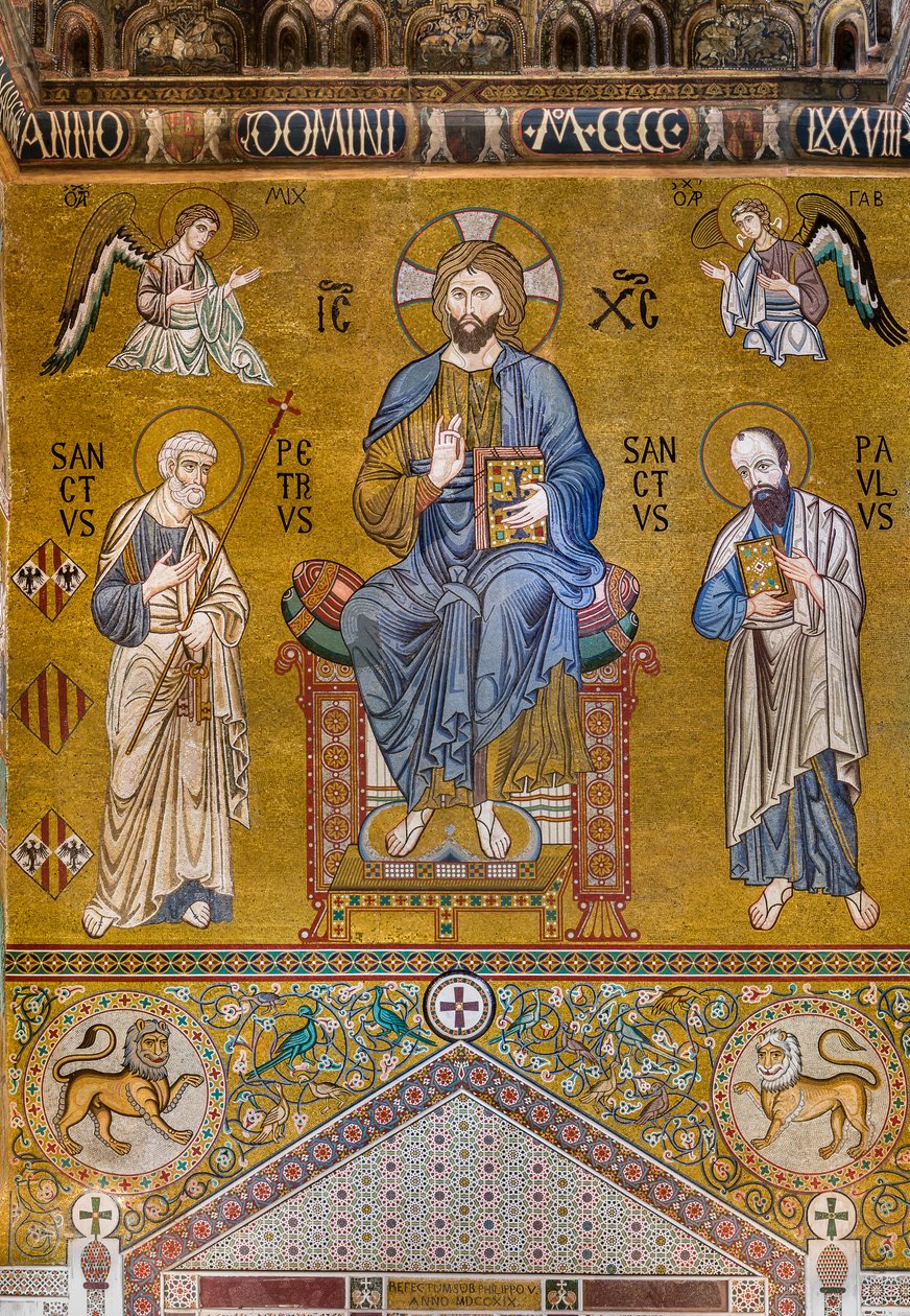 Przeciwfasada: mozaika "Majestat Chrystusa na tronie między świętymi Piotrem i Pawłem", XII w., Kaplica Palatyńska, Pałac Królewski lub Palazzo dei Normanni (Pałac Normanów), Palermo, Sycylia, Włochy (foto) autorstwa Unbekannter Künstler